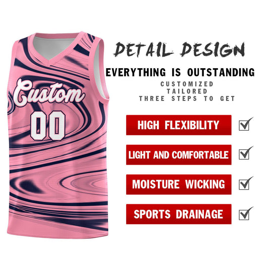 Custom Light Pink Navy Graffiti Pattern Fluids Style Sports Uniform Basketball Jersey Sets