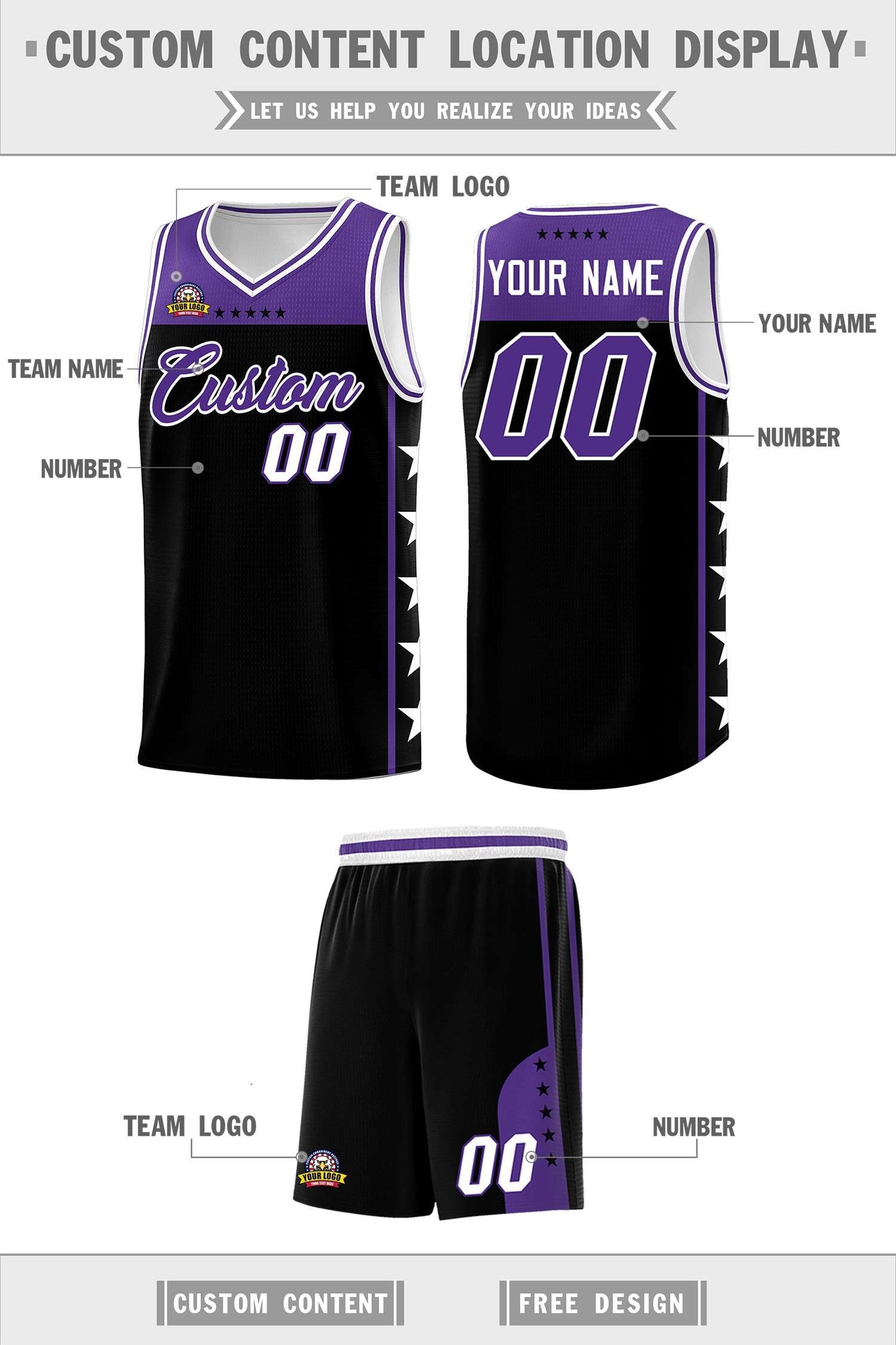 Custom Black Purple Personalized Star Pattern Sports Uniform Basketball Jersey