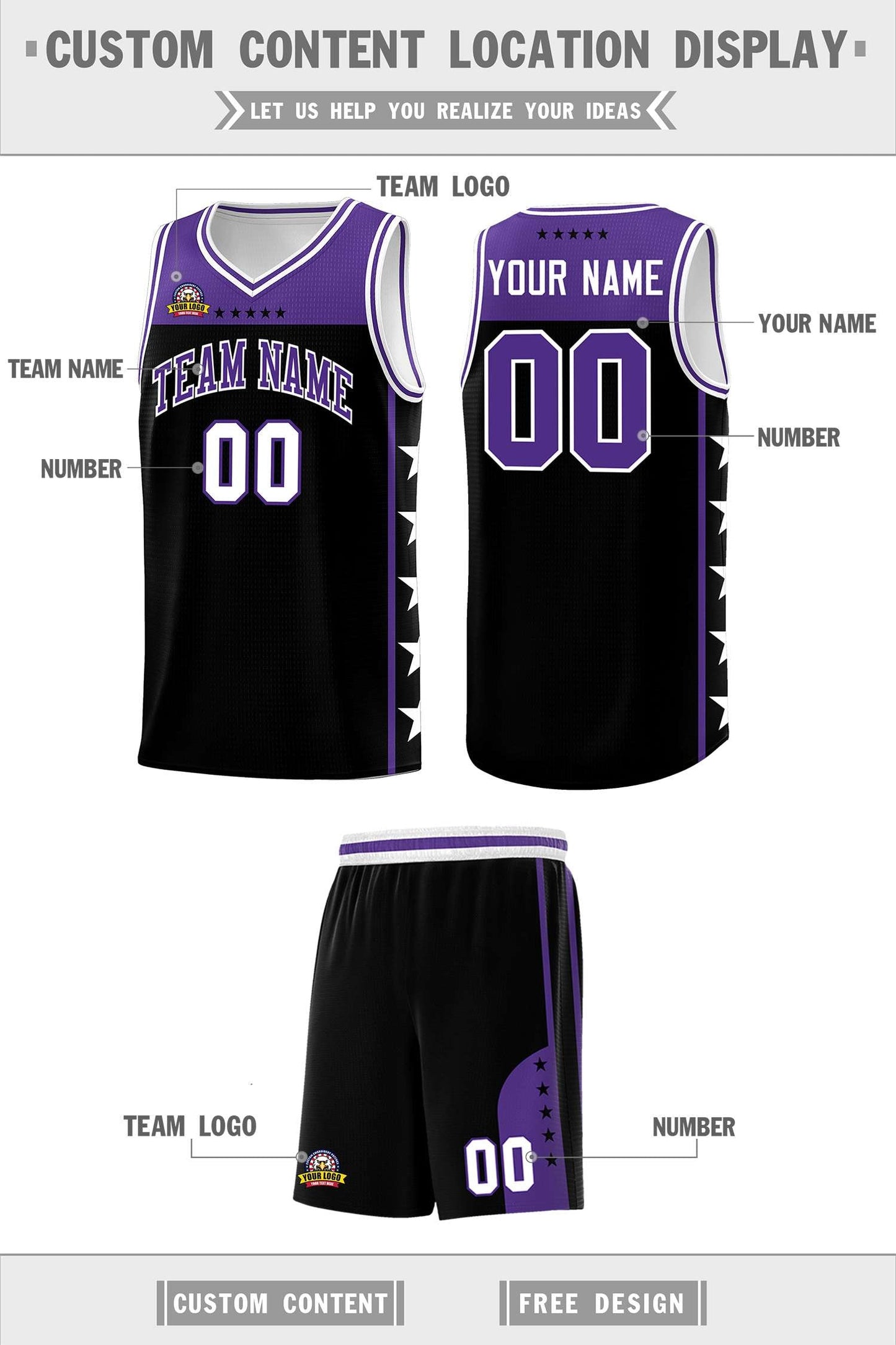 Custom Black Purple Personalized Star Pattern Sports Uniform Basketball Jersey