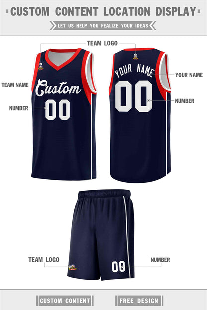 Custom Navy White-Red Sleeve Color Blocking Classic Sets Sports Uniform Basketball Jersey