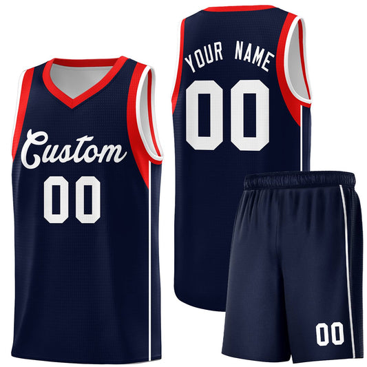Custom Navy White-Red Sleeve Color Blocking Classic Sets Sports Uniform Basketball Jersey