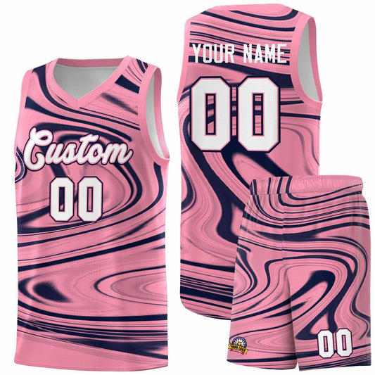 Custom Light Pink Navy Graffiti Pattern Fluids Style Sports Uniform Basketball Jersey Sets